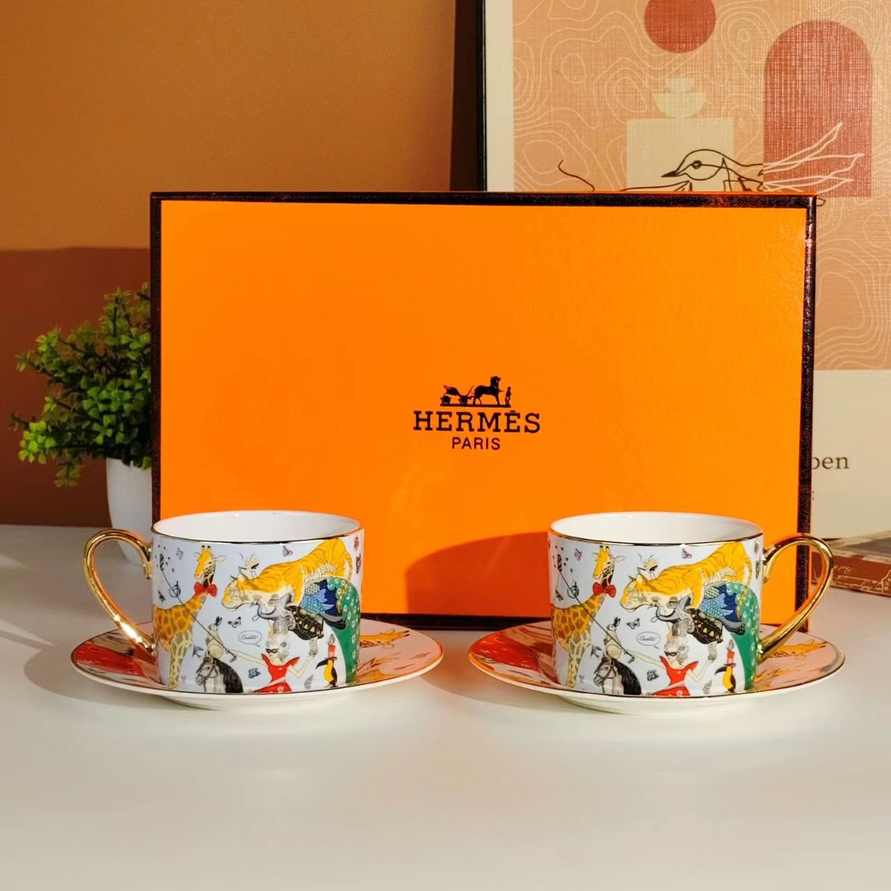 Hermes tea set for 2 colorful cups